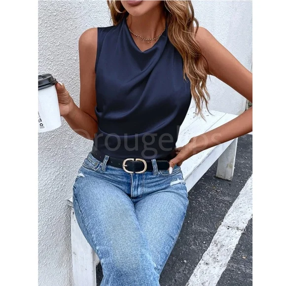 Rouge! Navy Draped Sleeveless Blouse - Picture 6 of 7